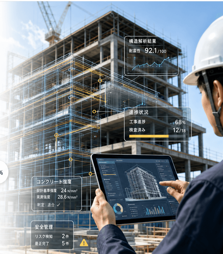建設現場とBIM画面を確認する不動産AIのイメージ
